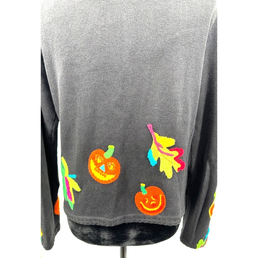 Michael Simon Womens Crew Neck Cardigan Medium Black Halloween Pumpkin Cotton - Picture 10 of 13